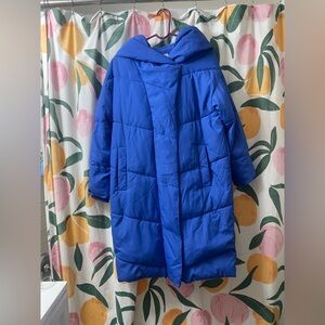 Noisy May Long Hooded Puffer Coat in Bright Blue